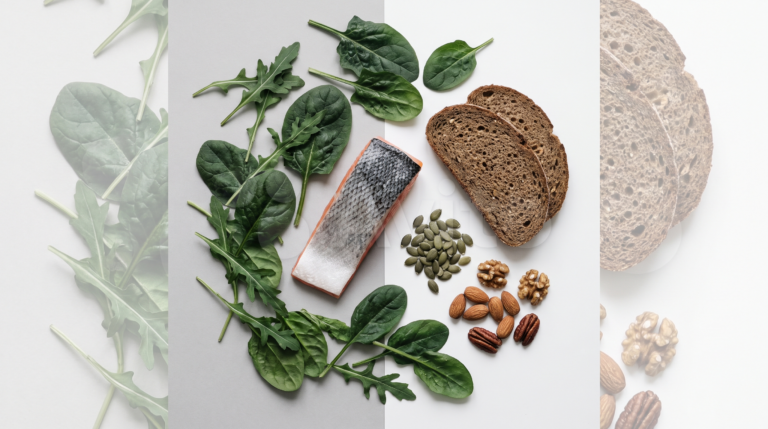 Produkty rekomendowane w diecie na trądzik, warzywa liściaste, tłusta ryba, pełne ziarna, pestki dyni i orzechy na jasnym, klinicznym tle