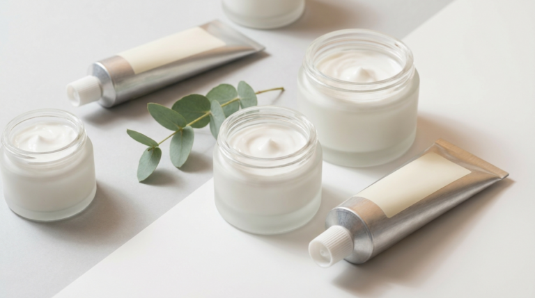 Kilka bezmarkowych tubek kremu na trądzik na jasnym, minimalistycznym tle, zbliżenie na kosmetykę dermatologiczną