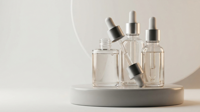 Ampułki i butelki serum z kwasami pielęgnacyjnymi (azelainowy, salicylowy, glikolowy) na minimalistycznym tle