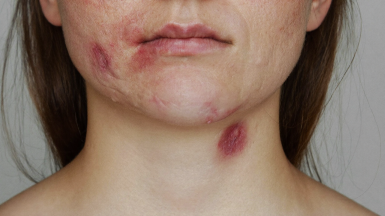 Trądzik hormonalny na brodzie: zbliżenie dermatologiczne głębokich zmian zapalnych